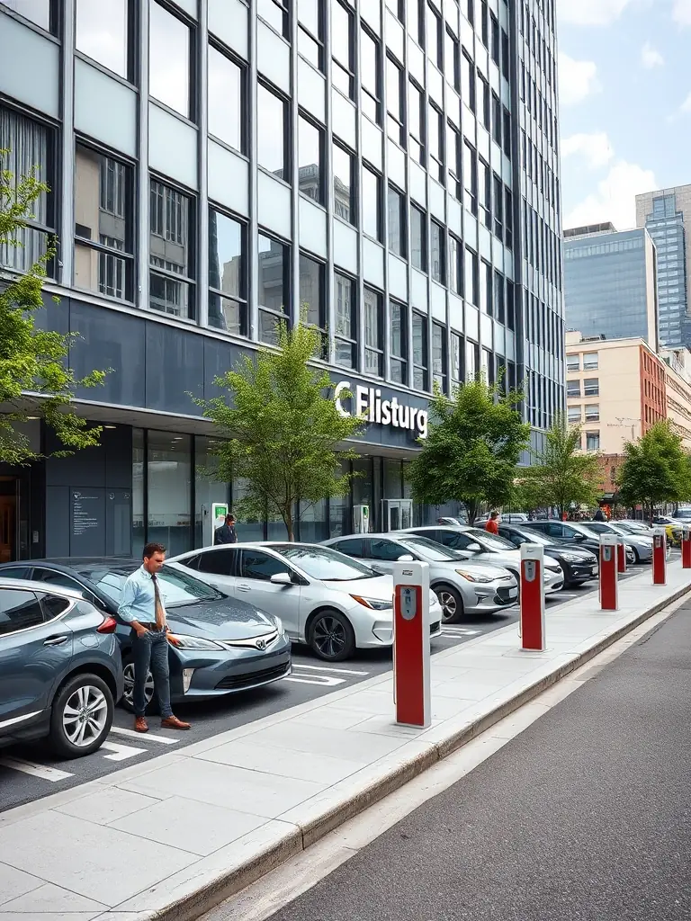 A modern office building with several electric vehicles parked in designated charging spots, showcasing employees and visitors using the charging stations during the day.